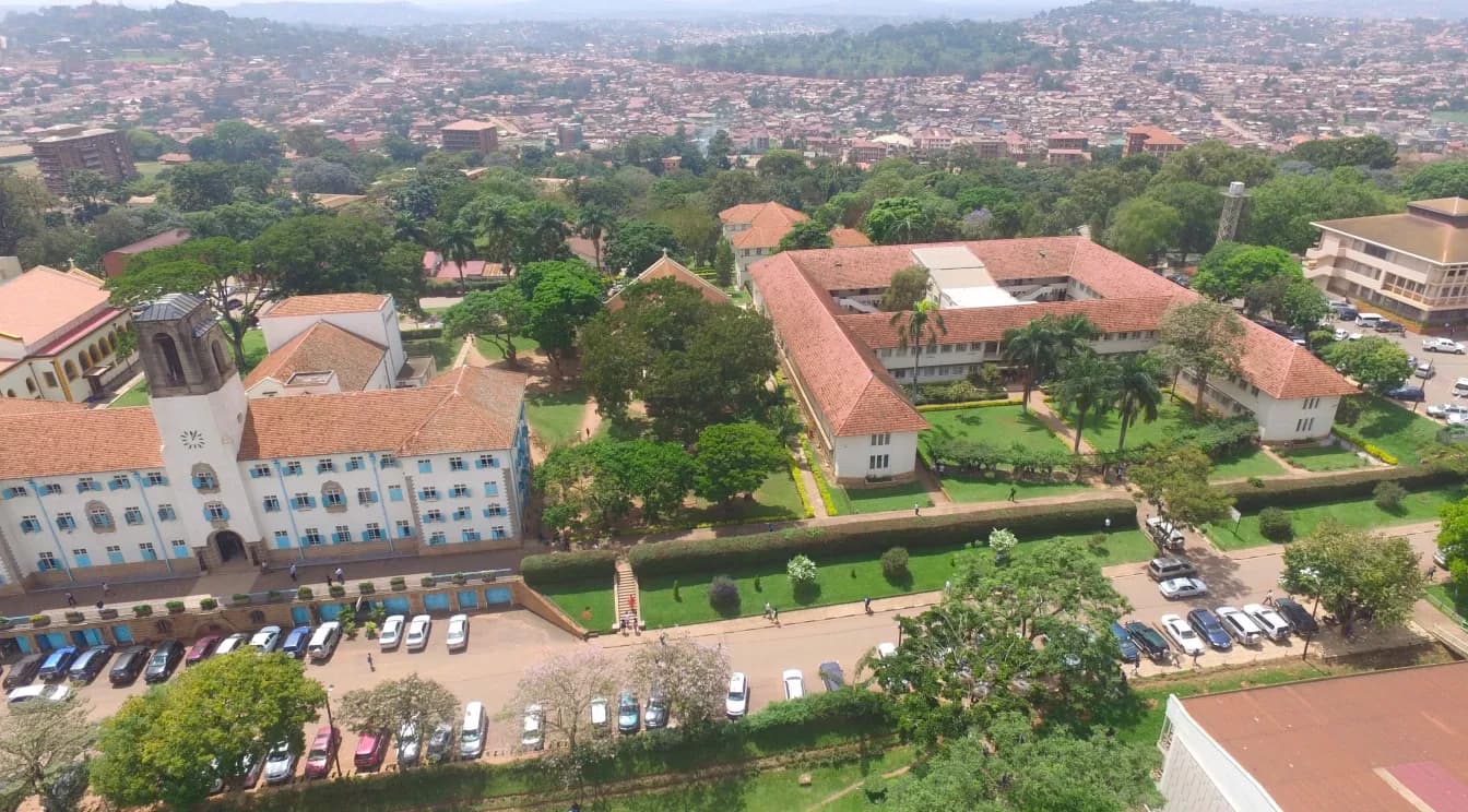 Aerial view of Makerere University's Main Building and CAES building