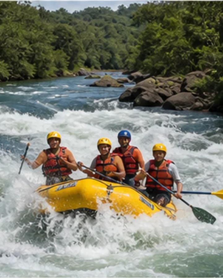 Travelers rafting through white water