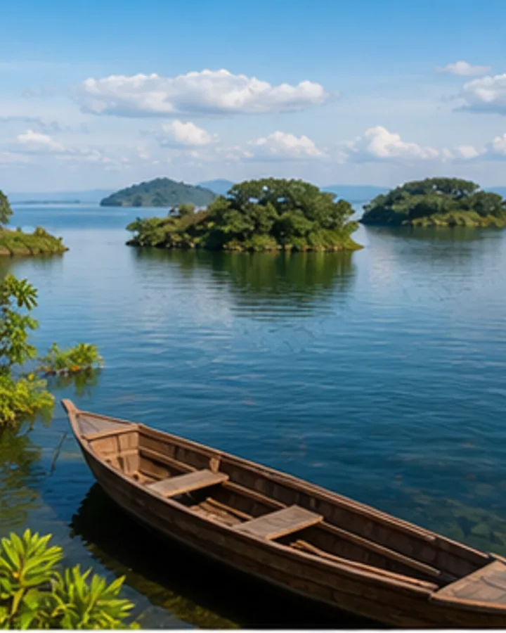 Wooden boat beside green islands on a calm lake