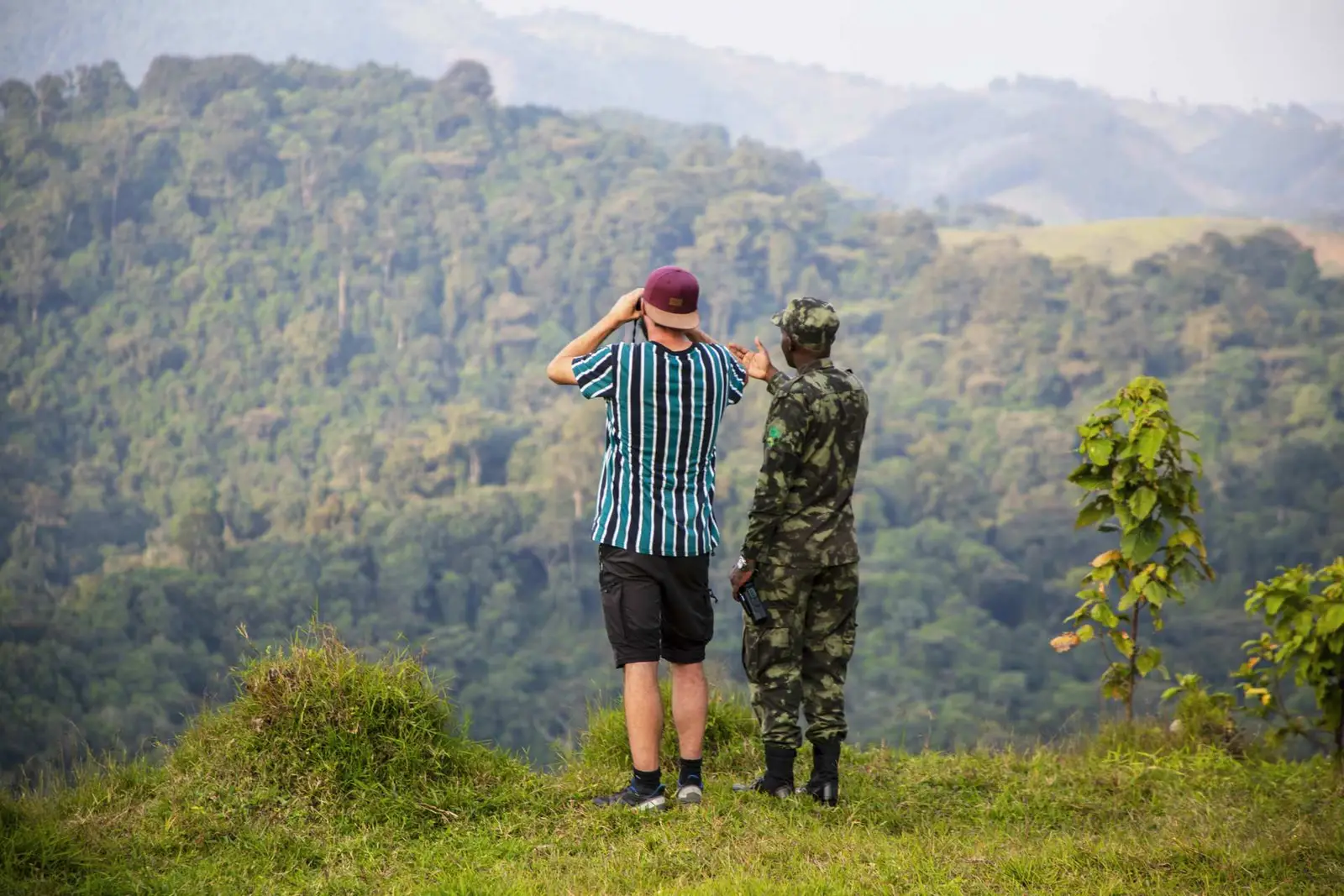 A visitor and an RDB guide looking out over the Gishwati forest