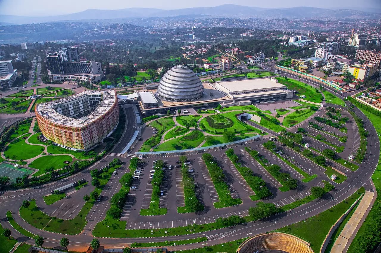An aerial view of the Kigali Convention Centre and its gardens