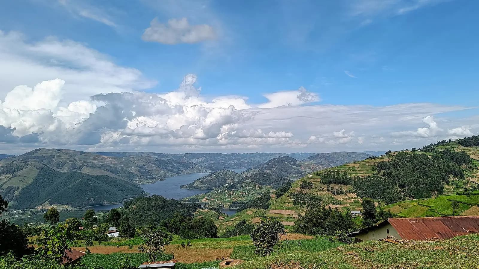Lake Bunyonyi's islands and terraced hills under a blue sky