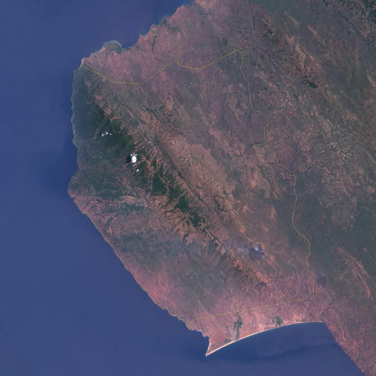 Satellite view of the Mahale Mountains along Lake Tanganyika