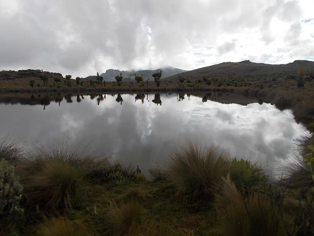 A mountain lake on Mount Elgon reflecting the clouds