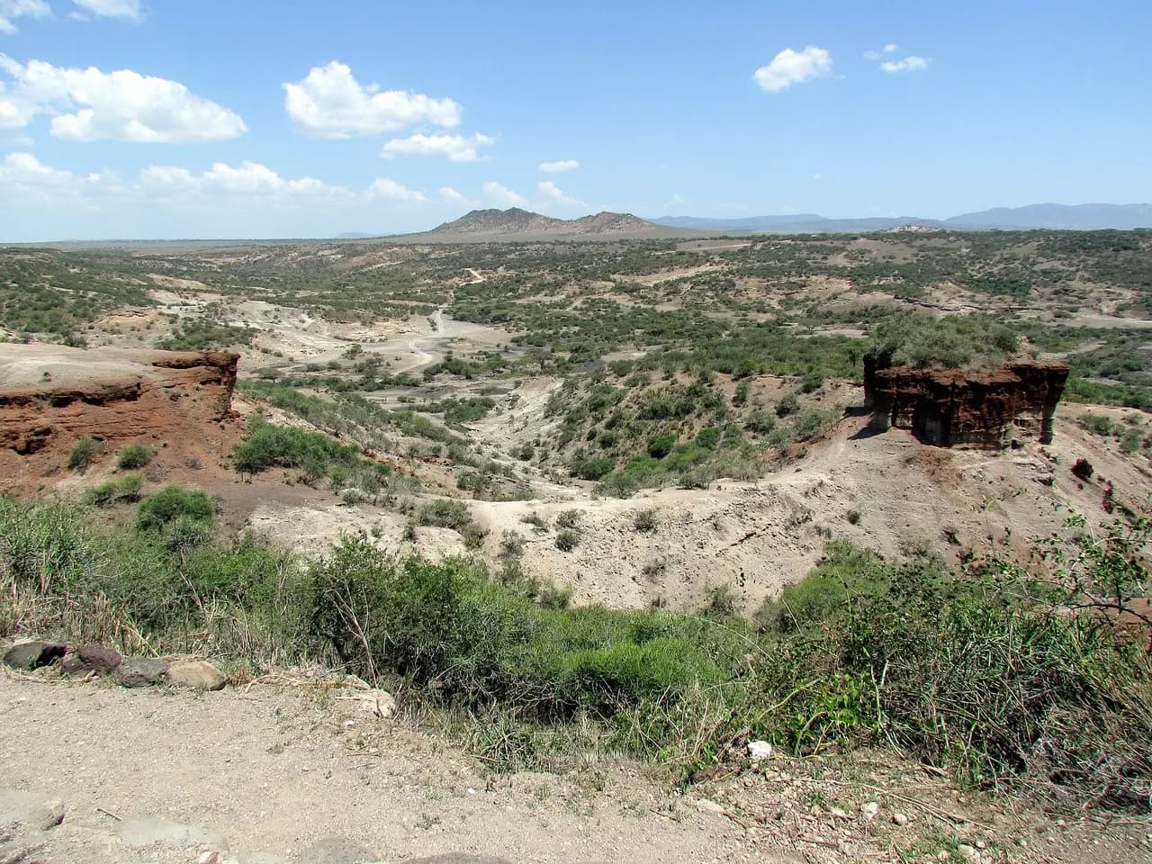 Olduvai Gorge with its eroded red rock pillar