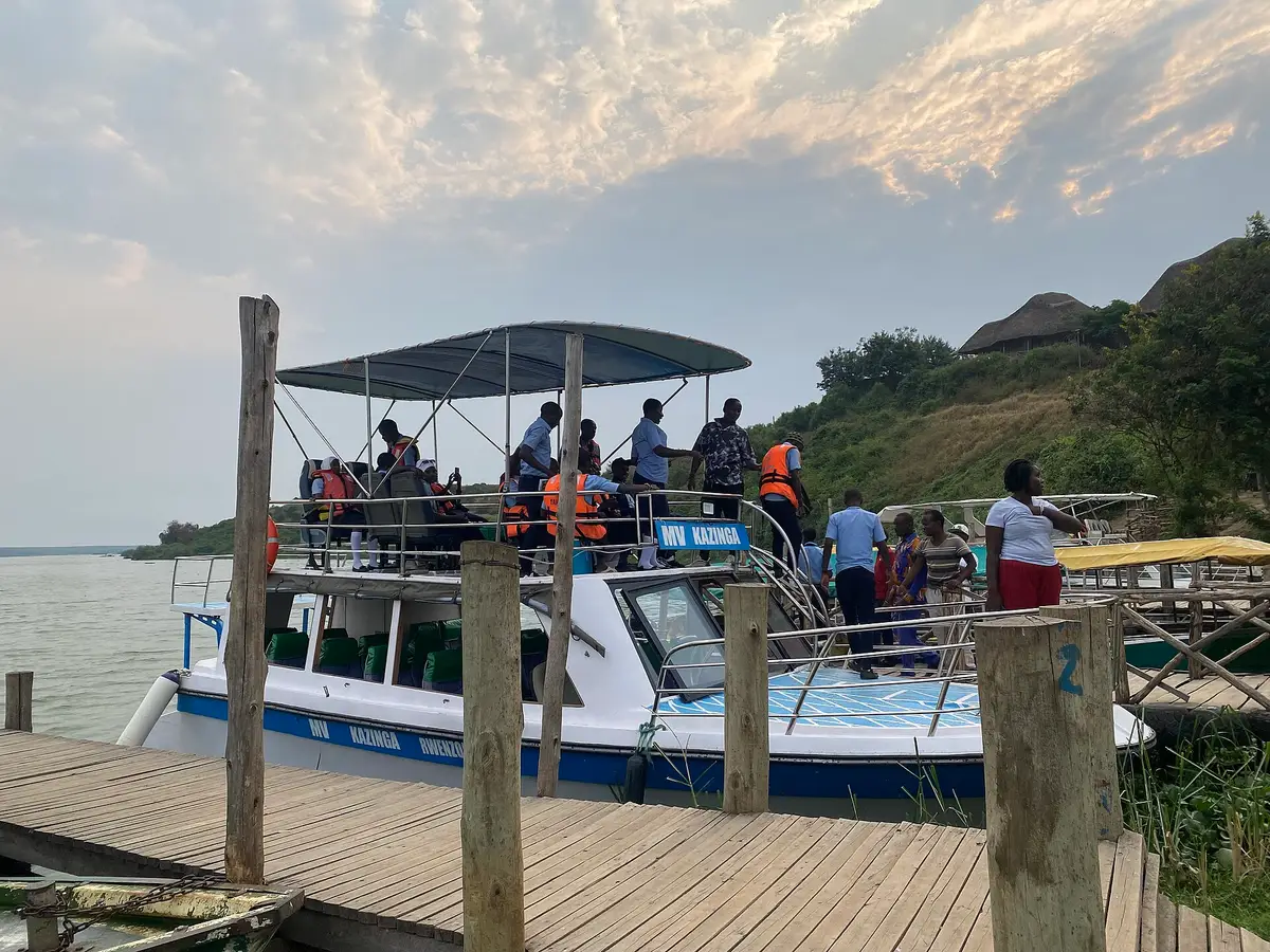 Visitors boarding a boat on the Kazinga Channel