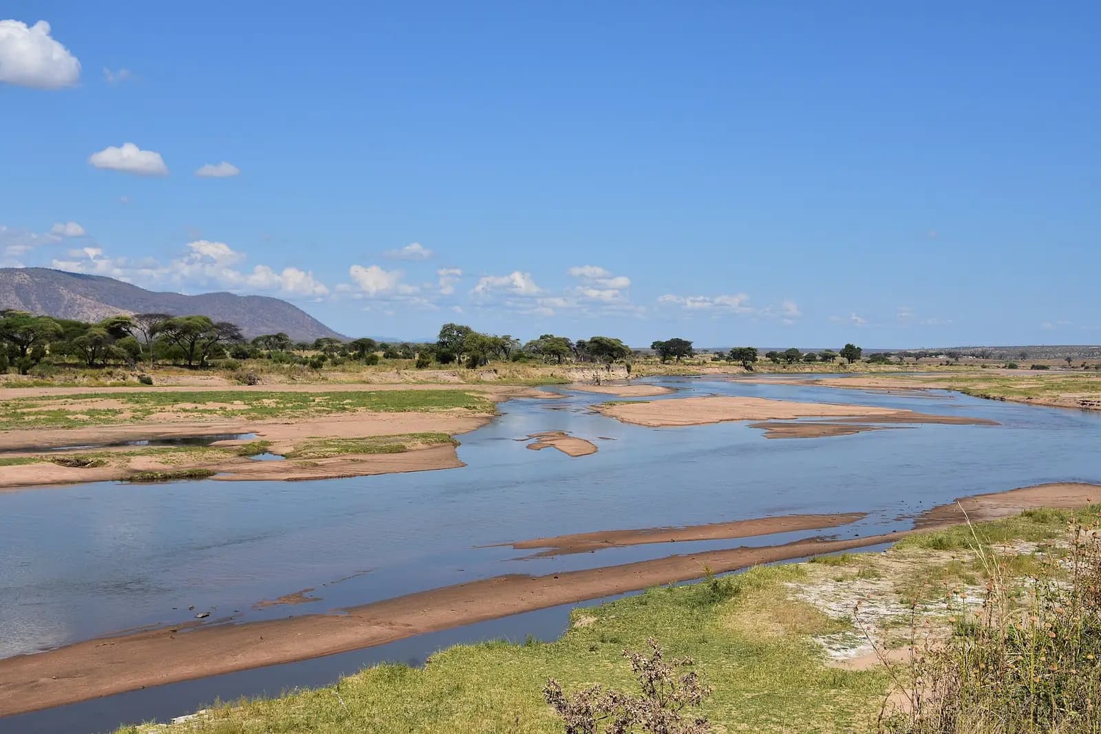 The Great Ruaha River flowing past sandbanks and hills