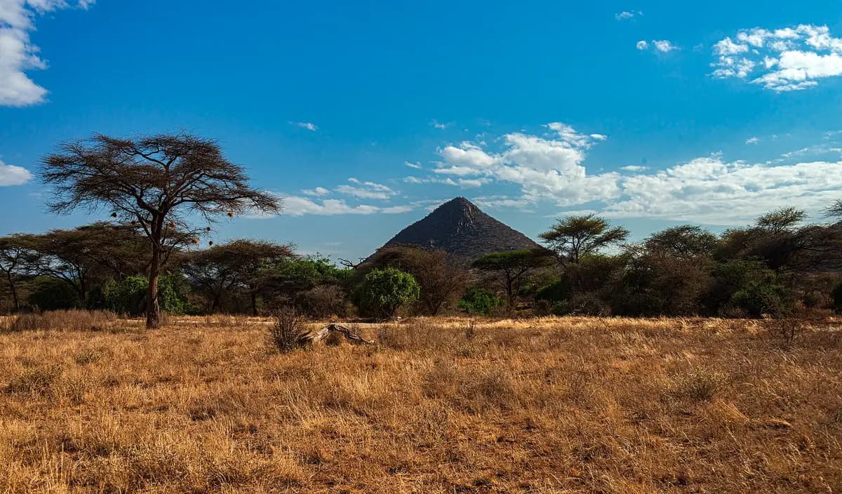 Acacia savanna and a pyramid-shaped hill in Samburu