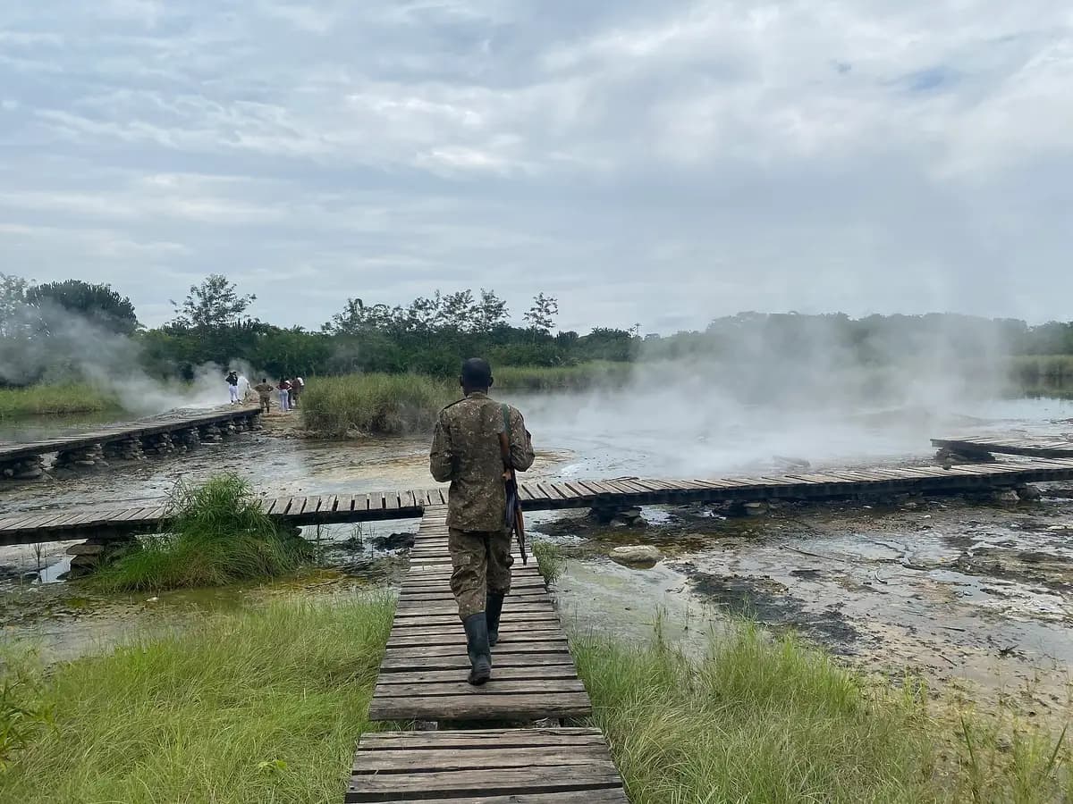 A ranger on the boardwalk at Sempaya hot springs