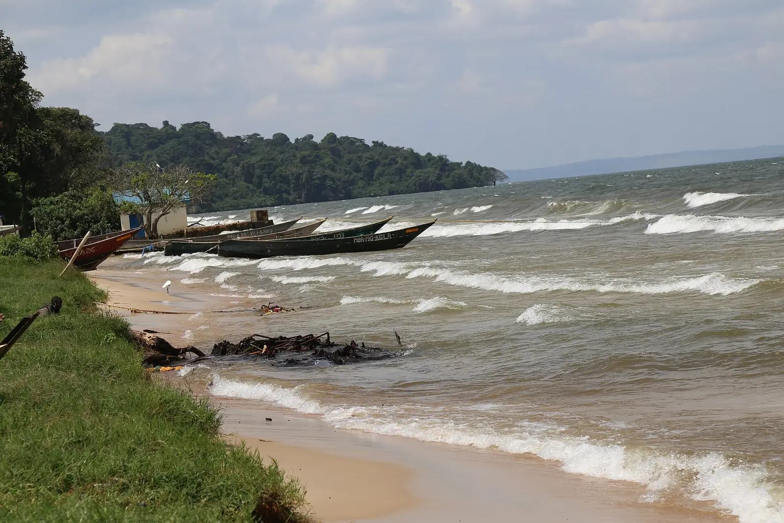 Waves on a sandy beach with fishing boats on the Ssese Islands
