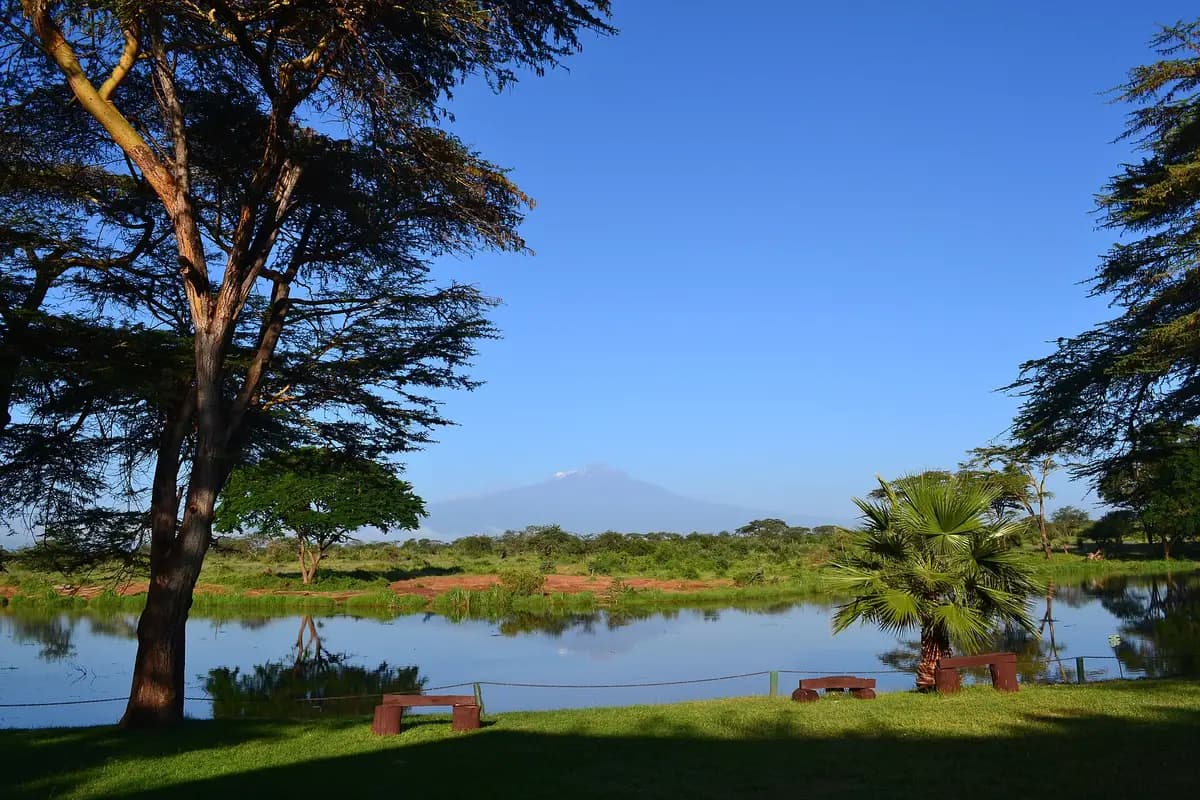 Kilimanjaro seen across a river in Tsavo West