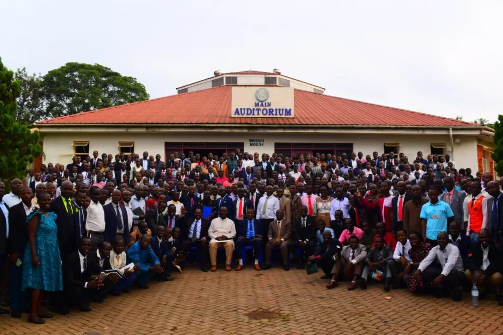 Students gathered outside the Bugema University auditorium