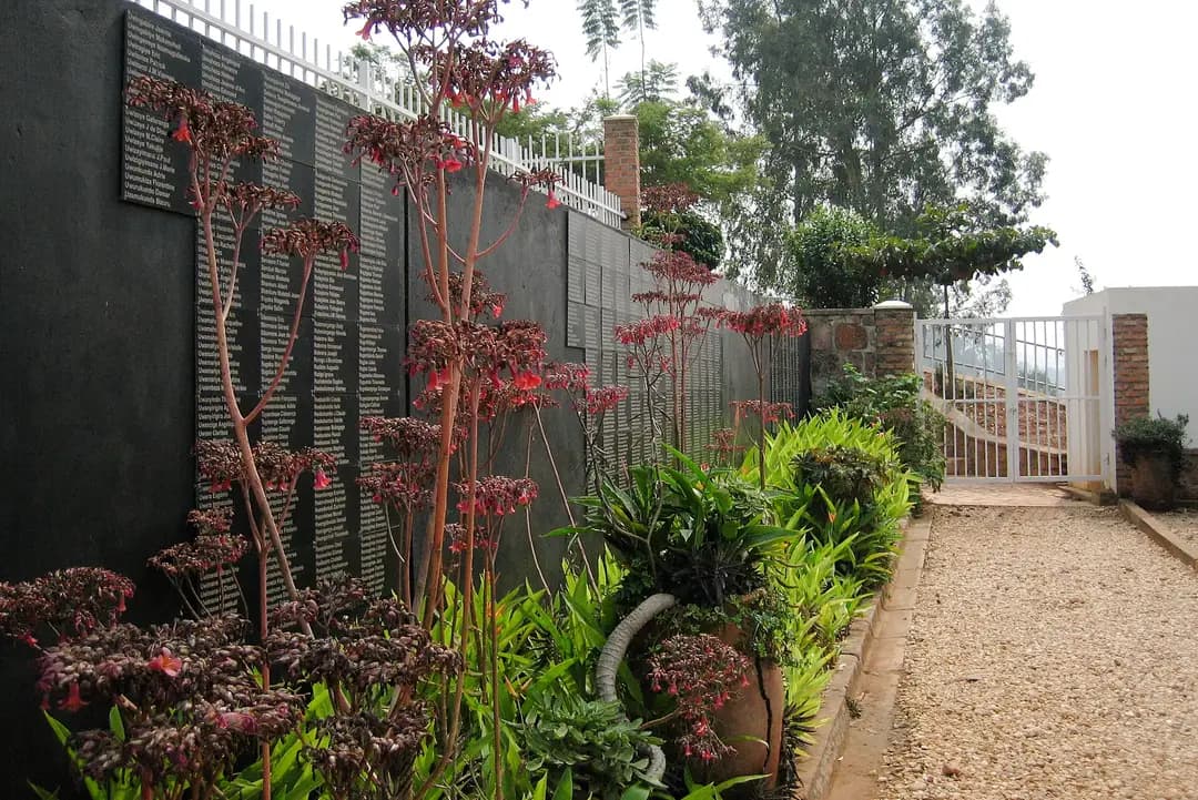 A garden path beside the memorial walls at Gisozi