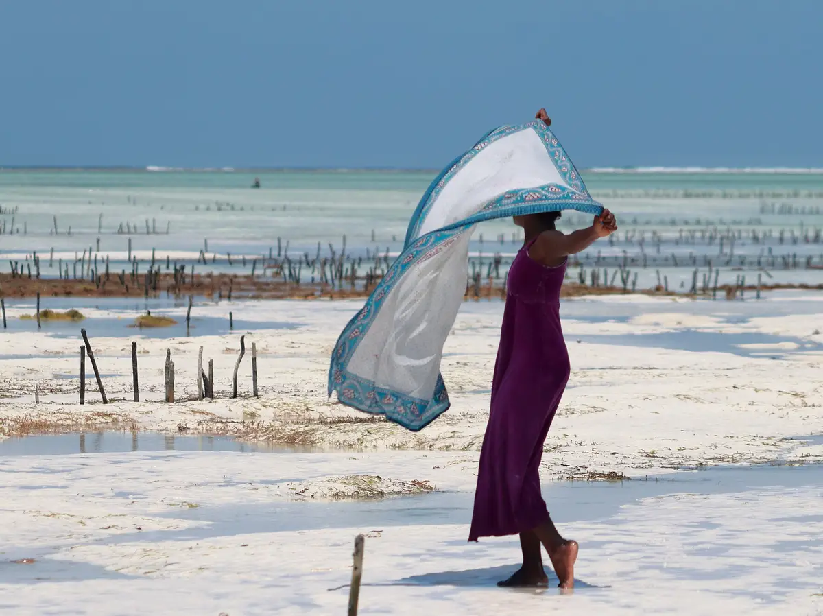 A woman with a scarf on the tidal flats at Paje